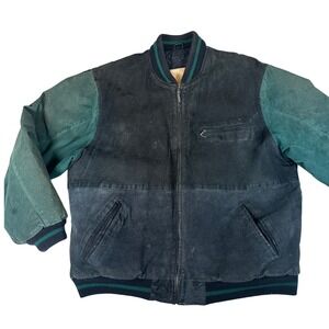 Vintage Suede Leather Varsity Bomber Jacket Green Black Colorblock Large